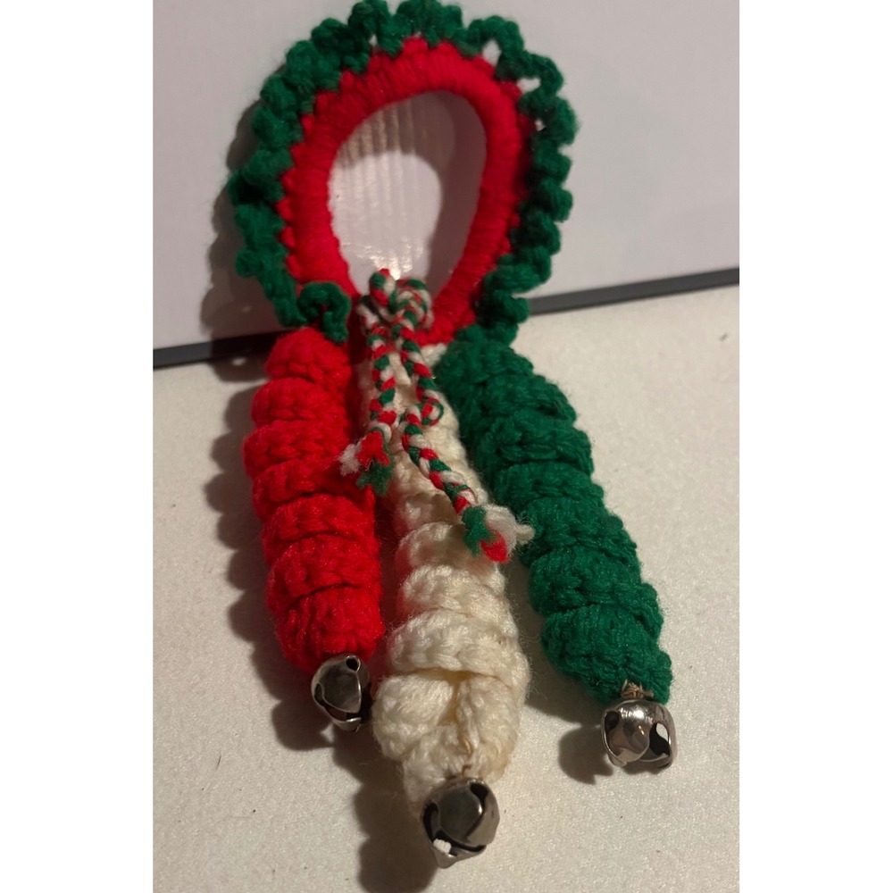 Vintage Handmade Crochet Christmas Door Knob Hanger Jingle Bells Red Green White